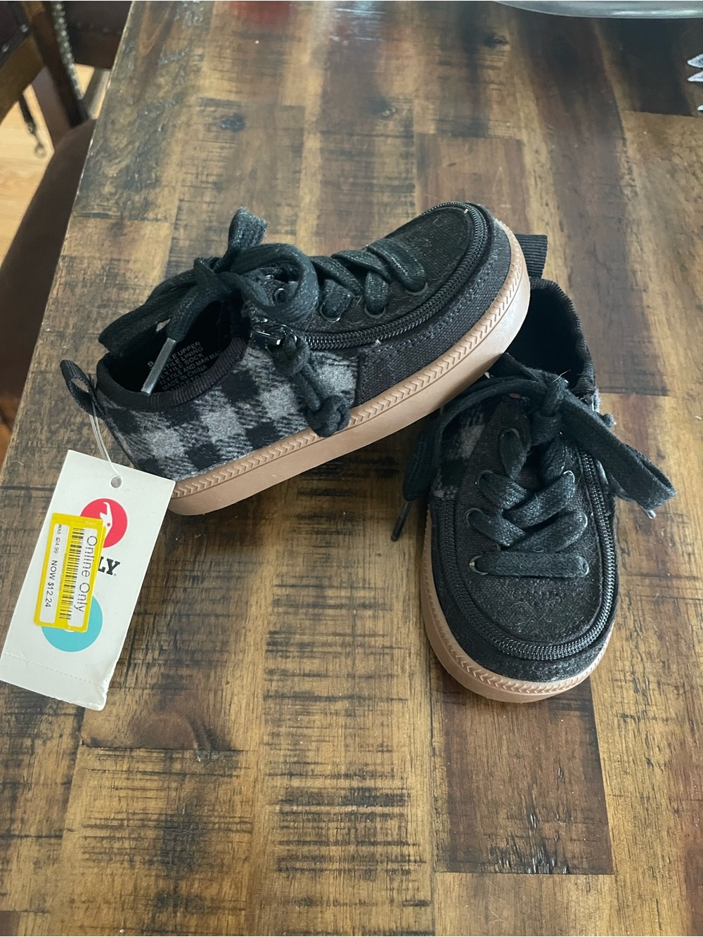 Kids Black Plaid Lace-Up Sneakers with Tan Sole